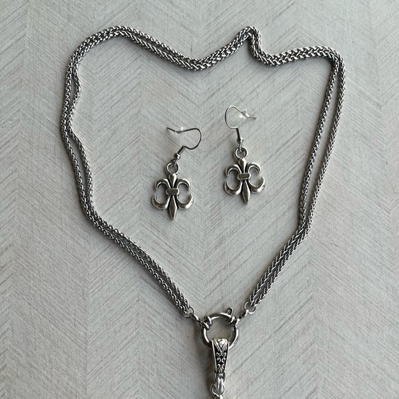 SET ! Fleur de lis / lys stainless steel double wheat chain necklace + earrings - Picture 11 of 14